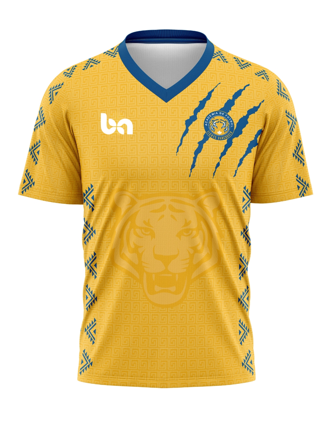 ba Gear custom soccer jersey Tigres Soccer Academy Vancouver yellow blue design with tiger graphic
