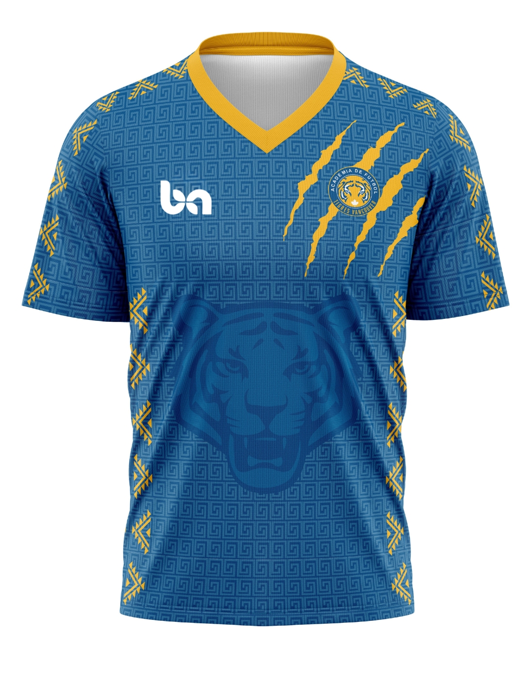 ba Gear custom soccer jersey Tigres Soccer Academy Vancouver yellow blue design with tiger graphic