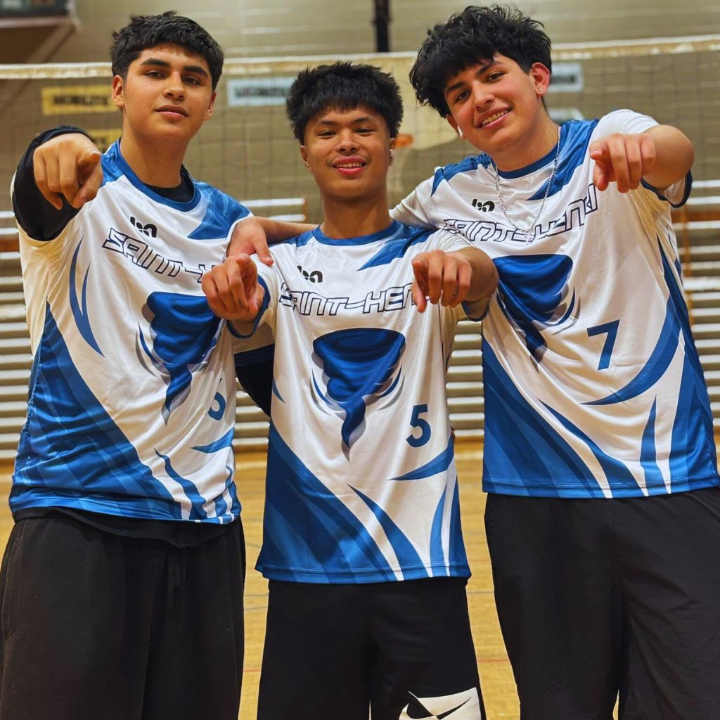 ba Gear custom men’s volleyball jerseys, blue and white team uniforms on indoor court