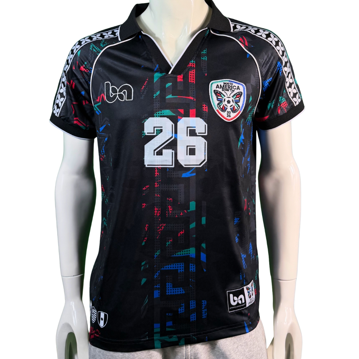 Unisex ba Gear World Cup 2026 Canada USA Mexico jersey front view featuring polo collar, number 26 and North America inspired graphics